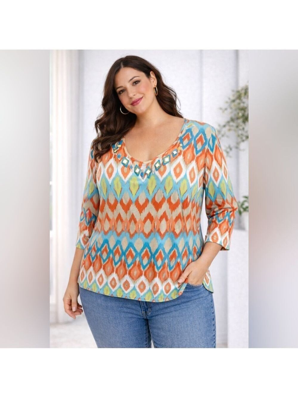 Ruby Rd. Woman Ikat Print Embellished V-Neck 3/4 Sleeve Top – size 2X